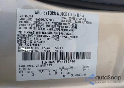 2004 Lincoln Town Car Signature из США, поврежденный, VIN 1LNHM81W44Y617901